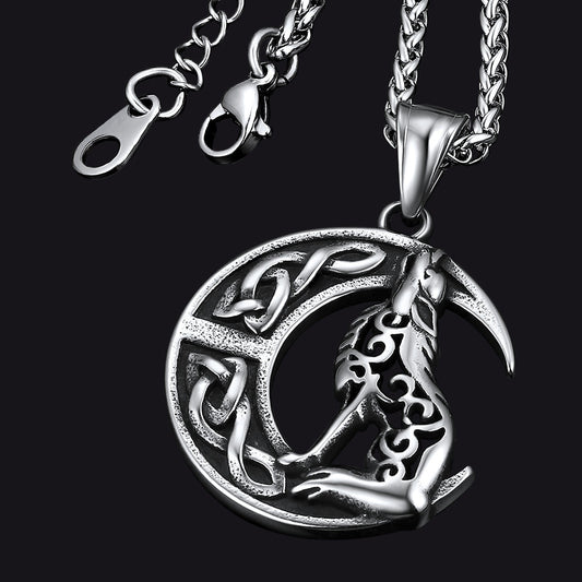 Viking Celtic Crescent Moon Wolf Necklace Pendant for