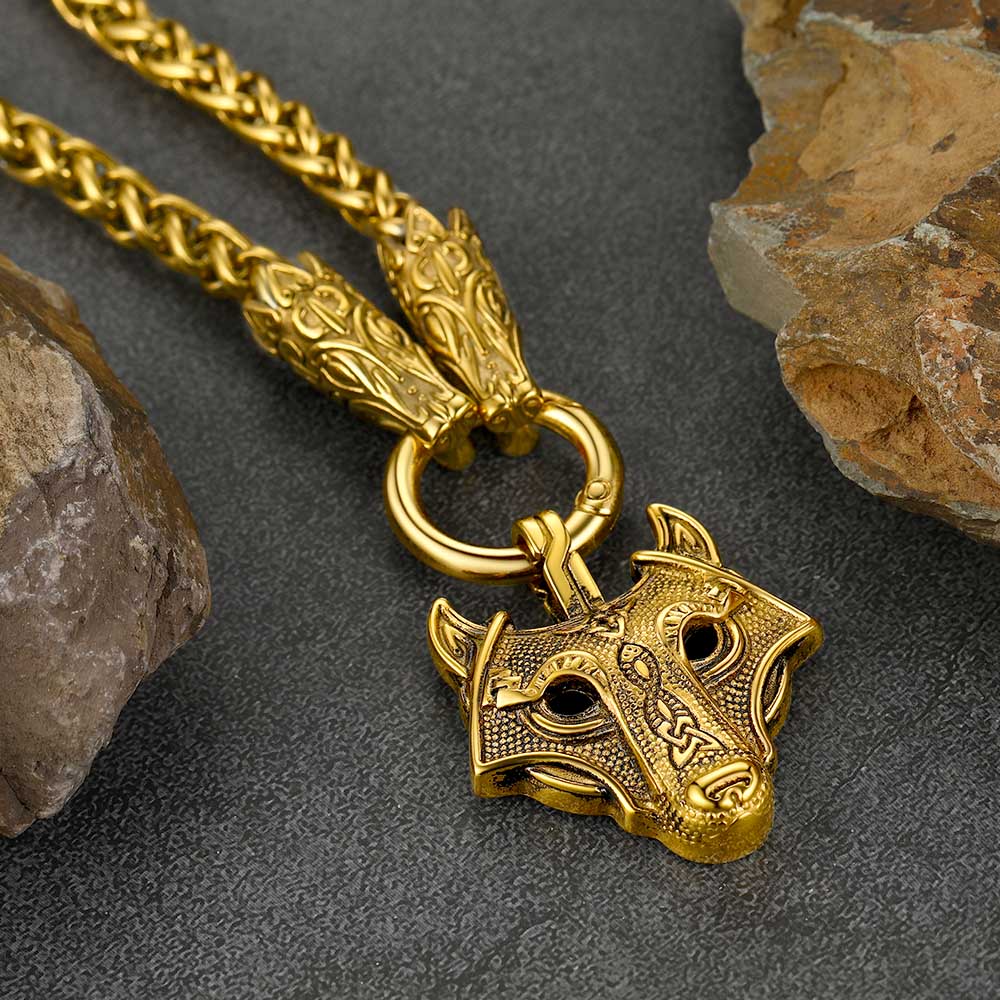 Viking Wolf Pendant Necklace With Wolf Rope Chain for