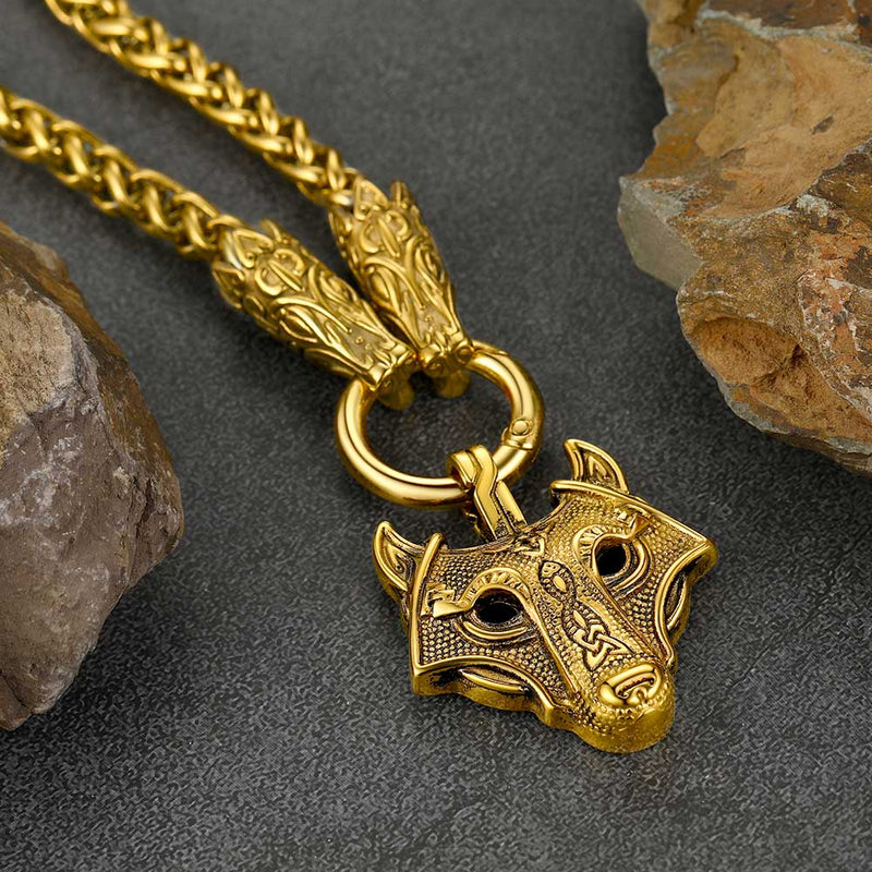 Viking Wolf Pendant Necklace With Wolf Rope Chain for