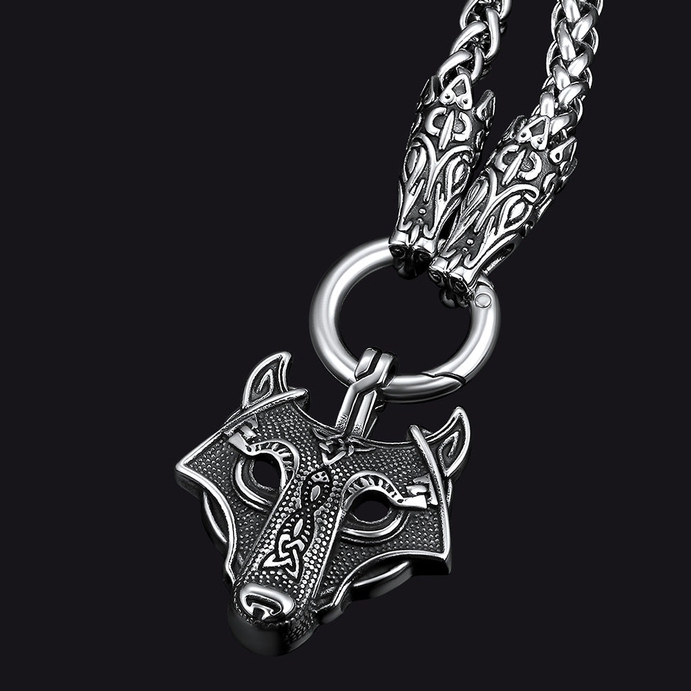 Viking Wolf Pendant Necklace With Wolf Rope Chain for