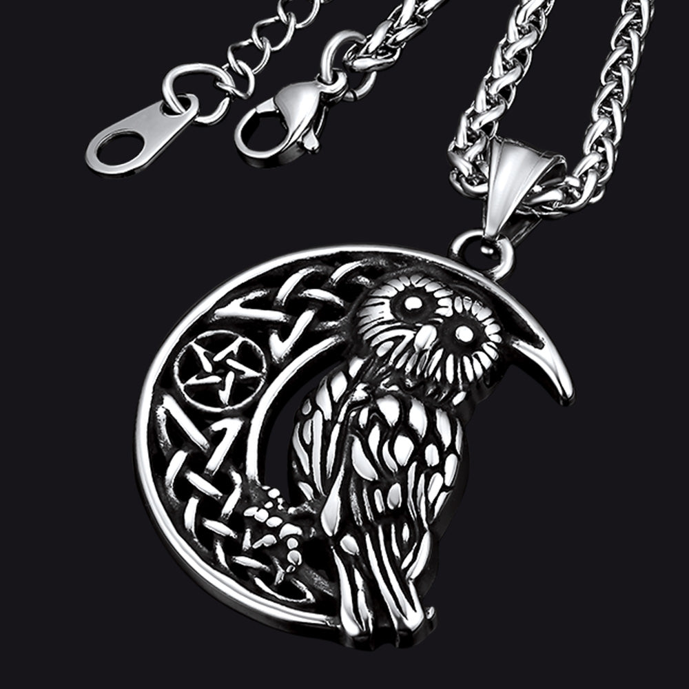 Viking Celtic Crescent Moon Owl Necklace for