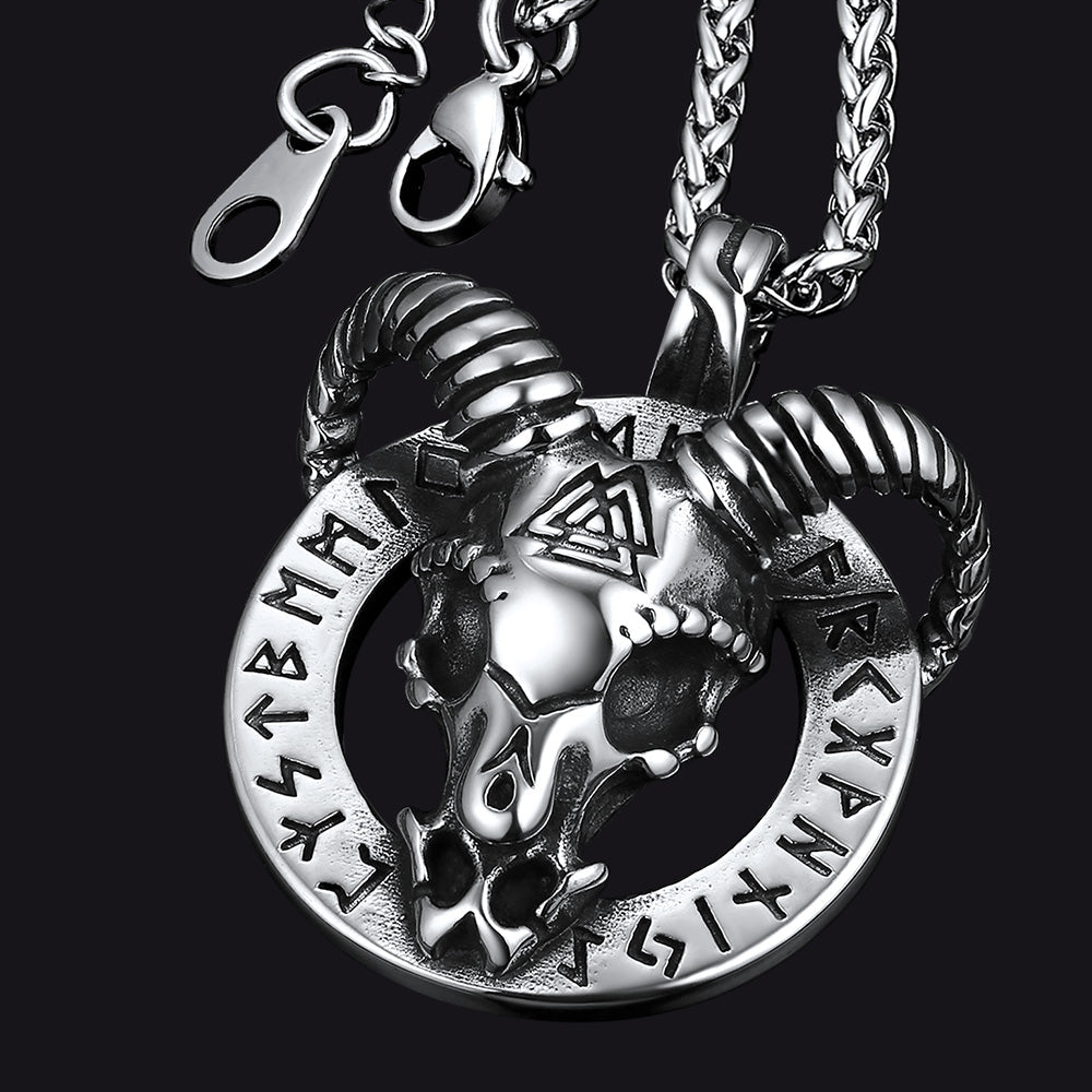 Baphomet Satanic Goat Necklace With Viking Runes for