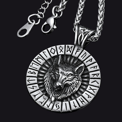Viking Wolf Medal Necklace With Runes Jewelry for