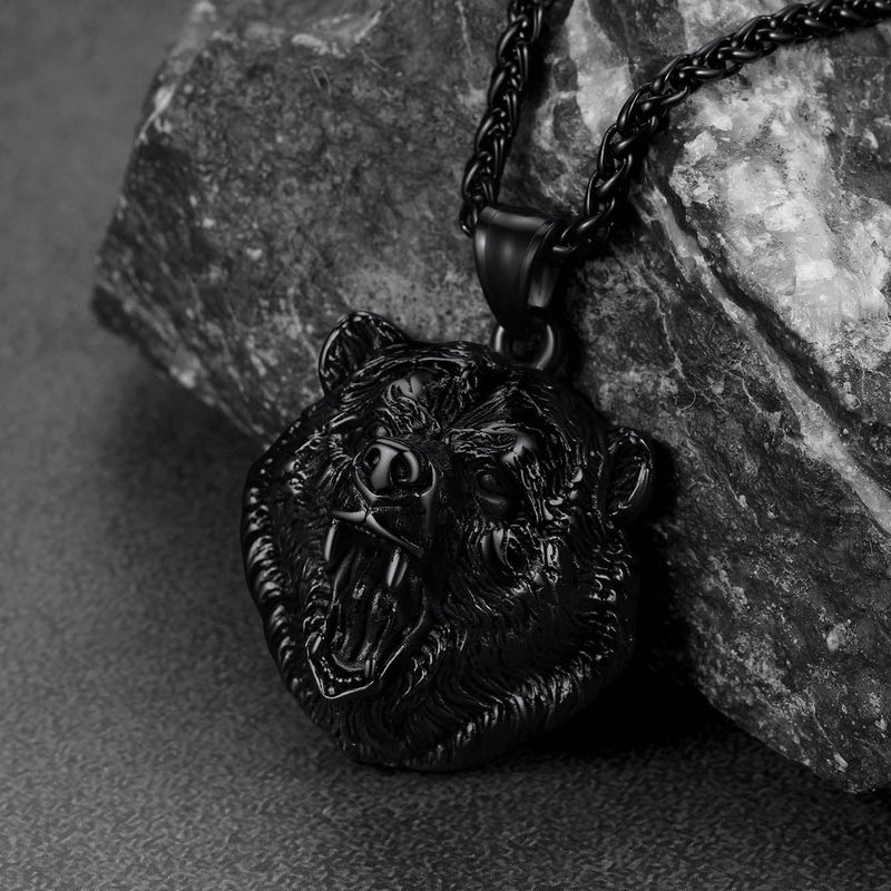 Wild Roaring Bear Head Pendant Necklace for