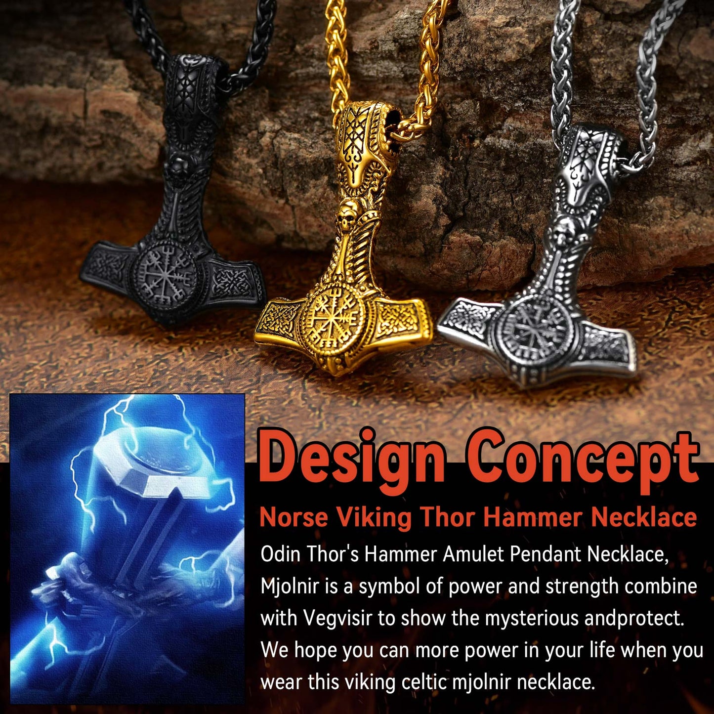 Cuban Curb Chain & Thor's Hammer Layered Necklaces Set for