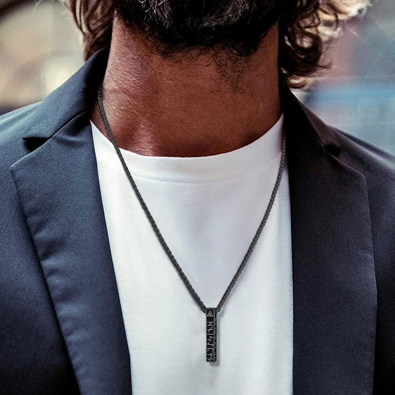 Engraved Viking Runes Bar Necklace Pendant Jewelry for