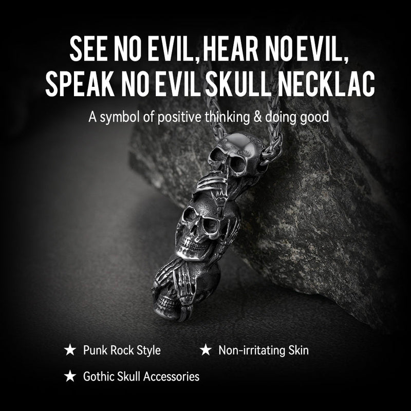 See No Evil, Hear No Evil, Speak No Evil Skull Necklace for