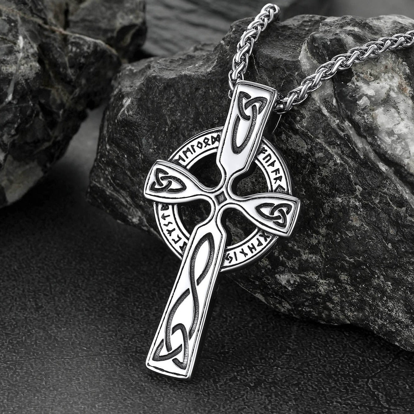 Irish Celtic Cross Pendant Necklace With Viking Runes for