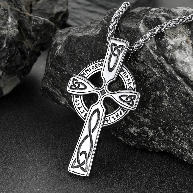 Irish Celtic Cross Pendant Necklace With Viking Runes for