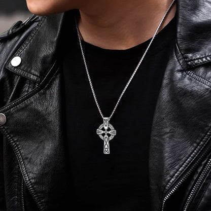 Irish Celtic Cross Pendant Necklace With Viking Runes for