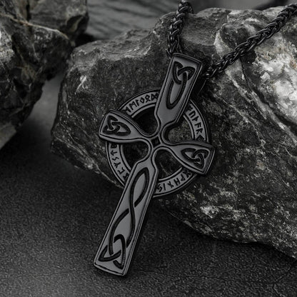 Irish Celtic Cross Pendant Necklace With Viking Runes for