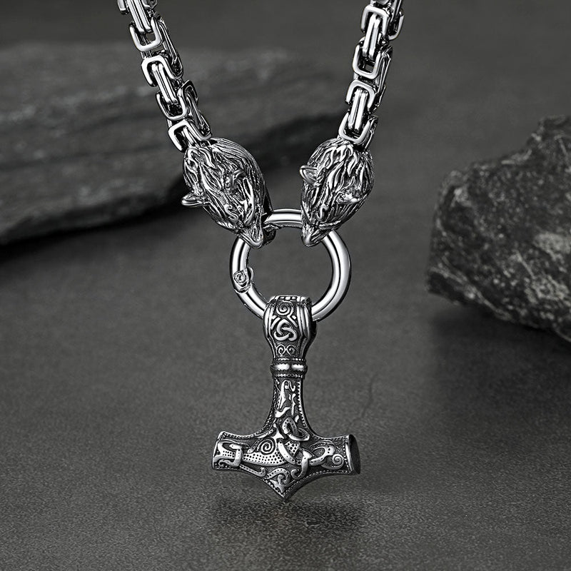 Viking Mjolnir Thor's Hammer Necklace With Wolf Head Kings Chain
