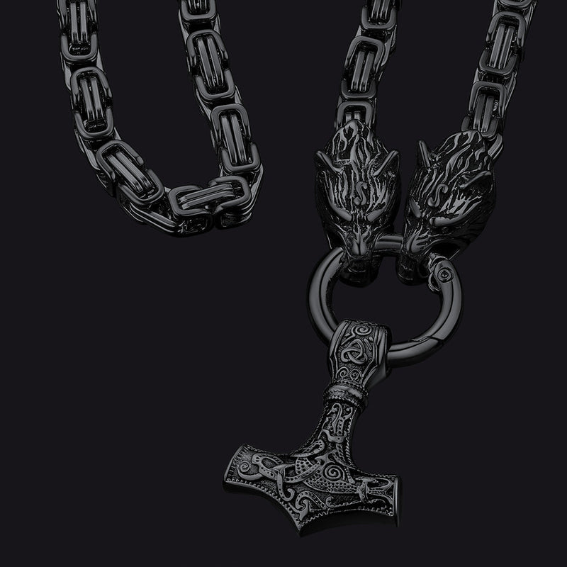 Viking Mjolnir Thor's Hammer Necklace With Wolf Head Kings Chain