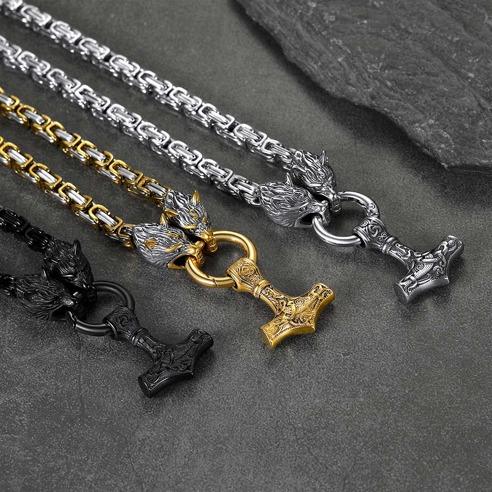 Viking Mjolnir Thor's Hammer Necklace With Wolf Head Kings Chain