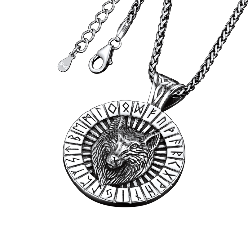 Viking Wolf Medal Necklace With Runes Jewelry for