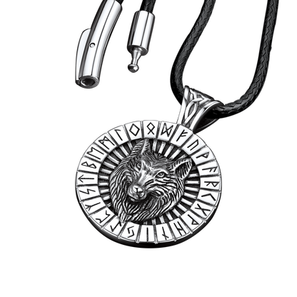 Viking Wolf Medal Necklace With Runes Jewelry for