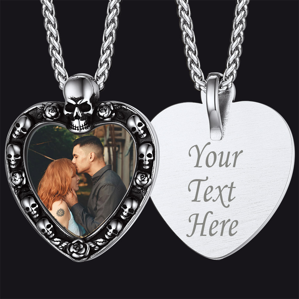 Customized Memorial Heart Photo Necklace With Skull for