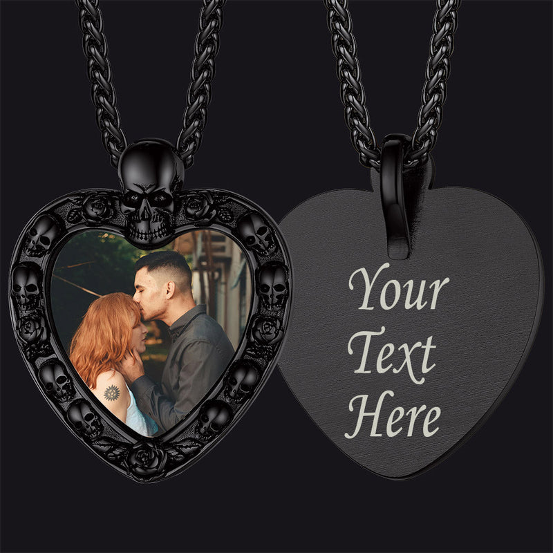 Customized Memorial Heart Photo Necklace With Skull for
