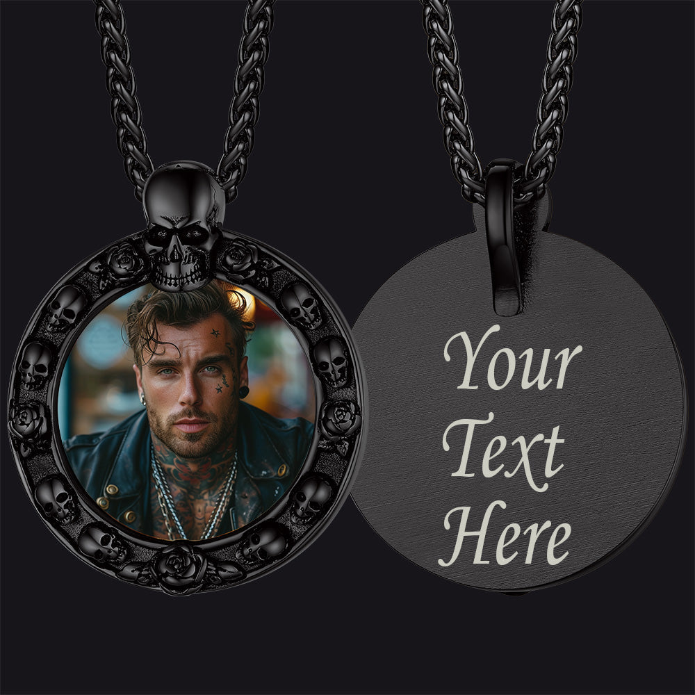 Customized Engraved Photo Necklace With Skull for