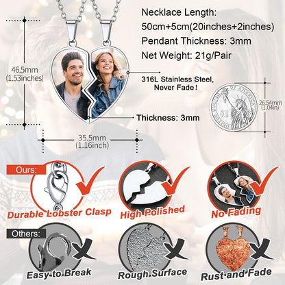Couple Customized Picture Heart Puzzle Matching Necklace, Gift for Friends & Mom
