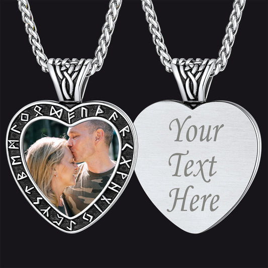 Custom Engraved Photo Heart Necklace With Viking Rune Memorial Gift