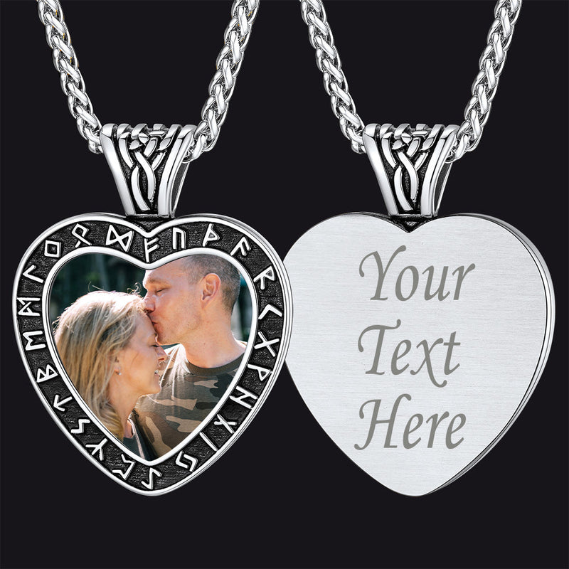 Custom Engraved Photo Heart Necklace With Viking Rune Memorial Gift