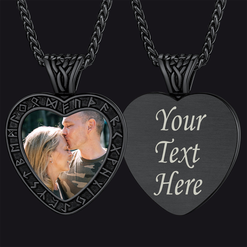 Custom Engraved Photo Heart Necklace With Viking Rune Memorial Gift