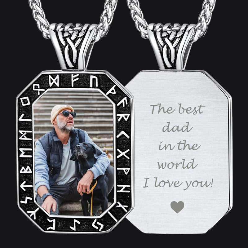 Engraved Customized Photo Dog Tag Necklace With Viking Runes for