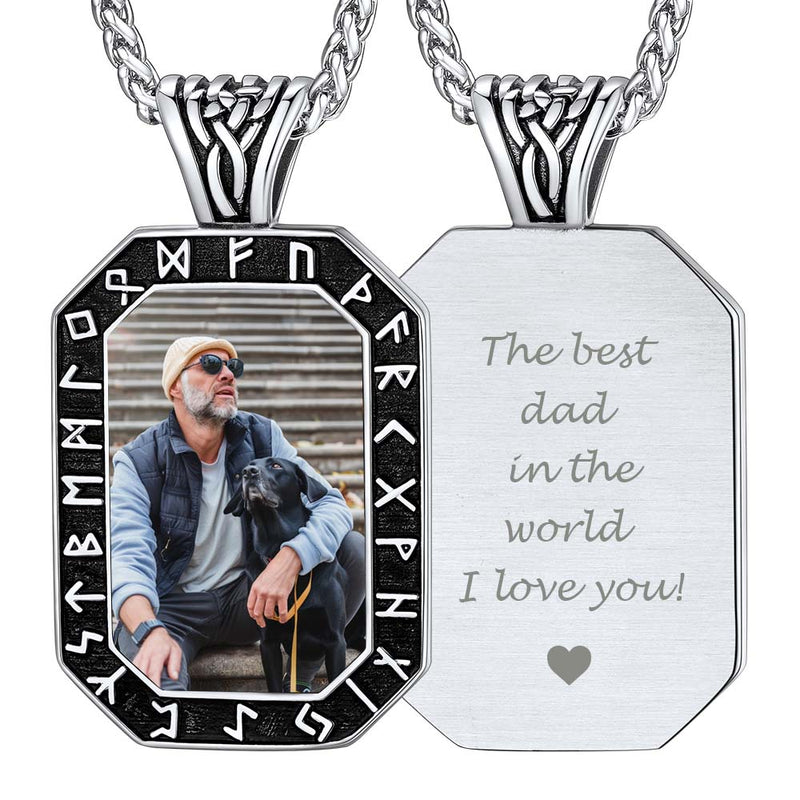 Engraved Customized Photo Dog Tag Necklace With Viking Runes for