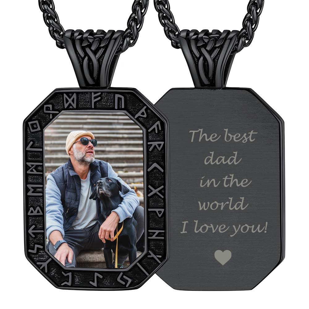 Engraved Customized Photo Dog Tag Necklace With Viking Runes for