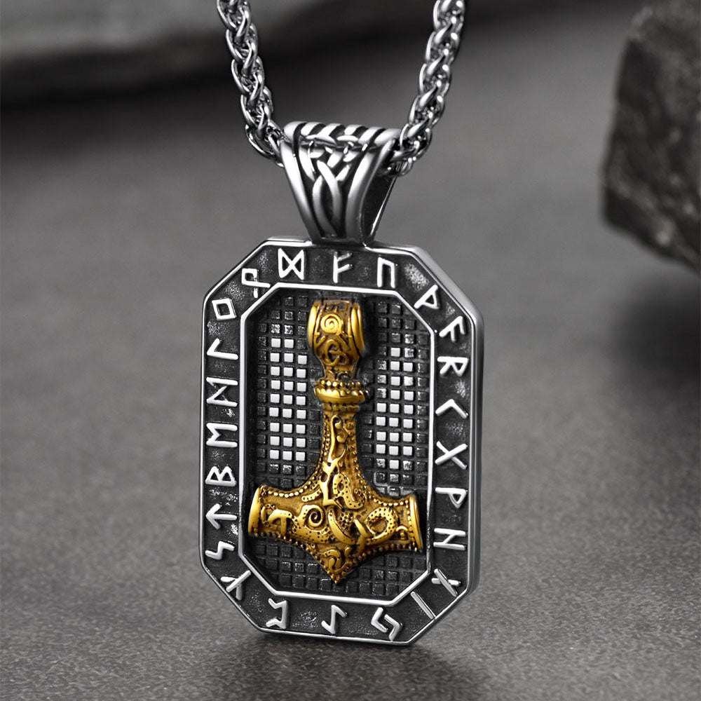Engraved Thor's Hammer Dog Tag Necklace With Viking Runes for