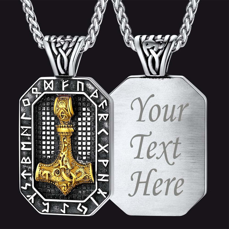 Engraved Thor's Hammer Dog Tag Necklace With Viking Runes for