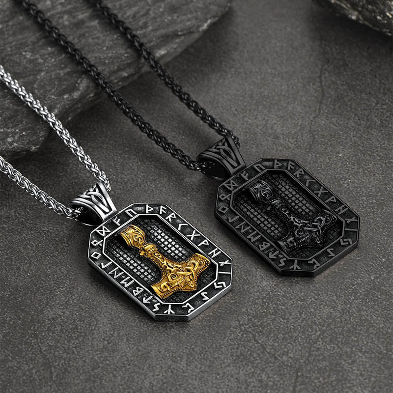 Engraved Thor's Hammer Dog Tag Necklace With Viking Runes for