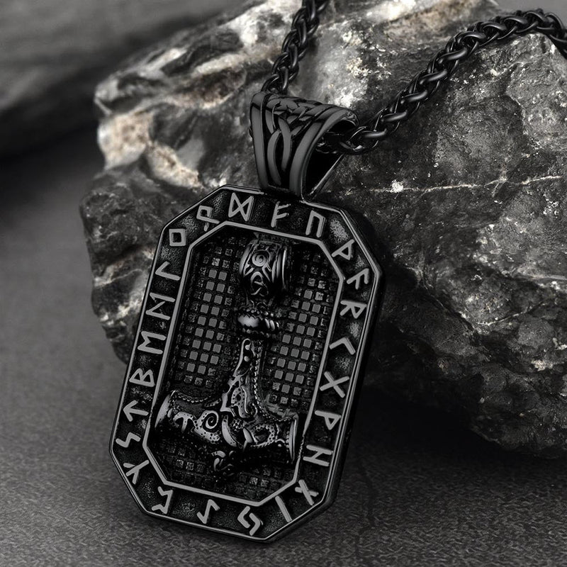 Engraved Thor's Hammer Dog Tag Necklace With Viking Runes for