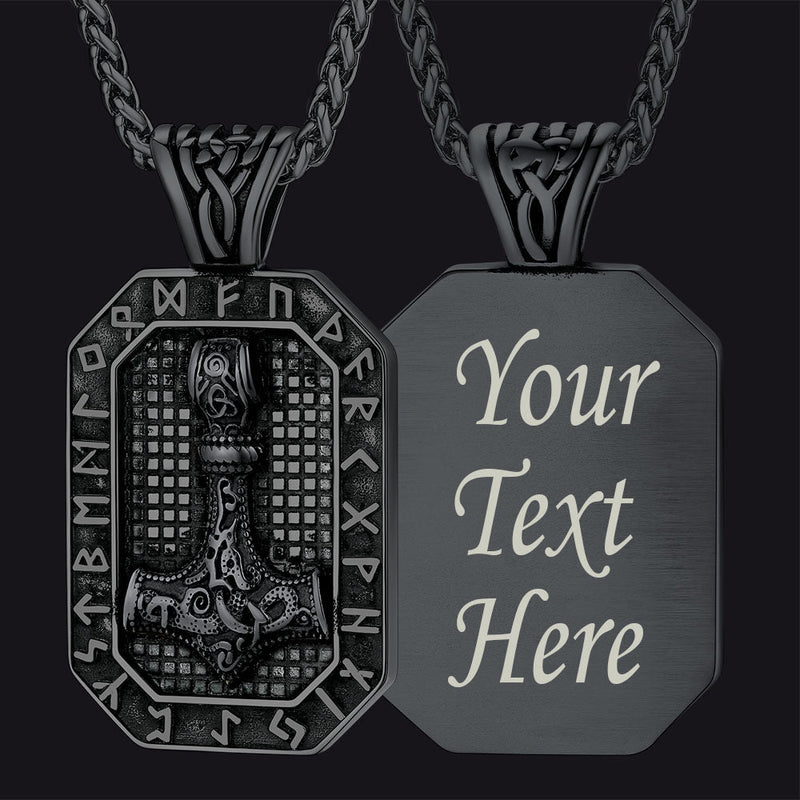 Engraved Thor's Hammer Dog Tag Necklace With Viking Runes for