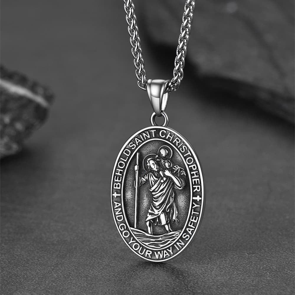 Catholic Engraved Saint Christopher Medal Necklace for