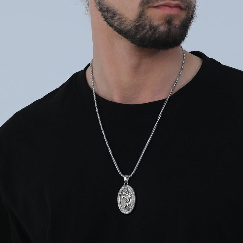 Catholic Engraved Saint Christopher Medal Necklace for