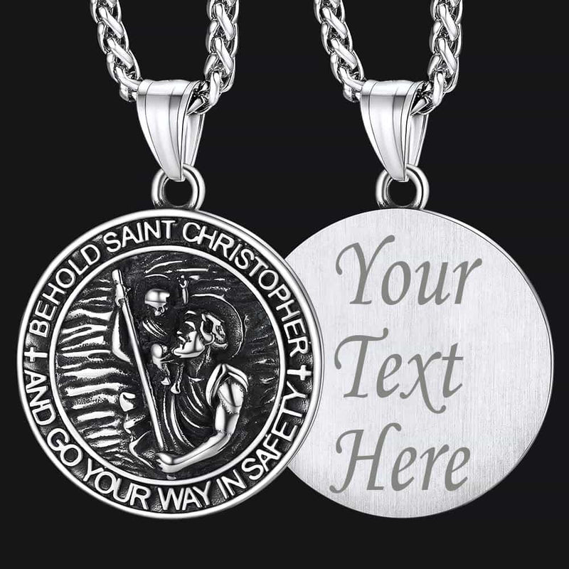 Engraved Saint Christopher Medal Pendant Necklace for