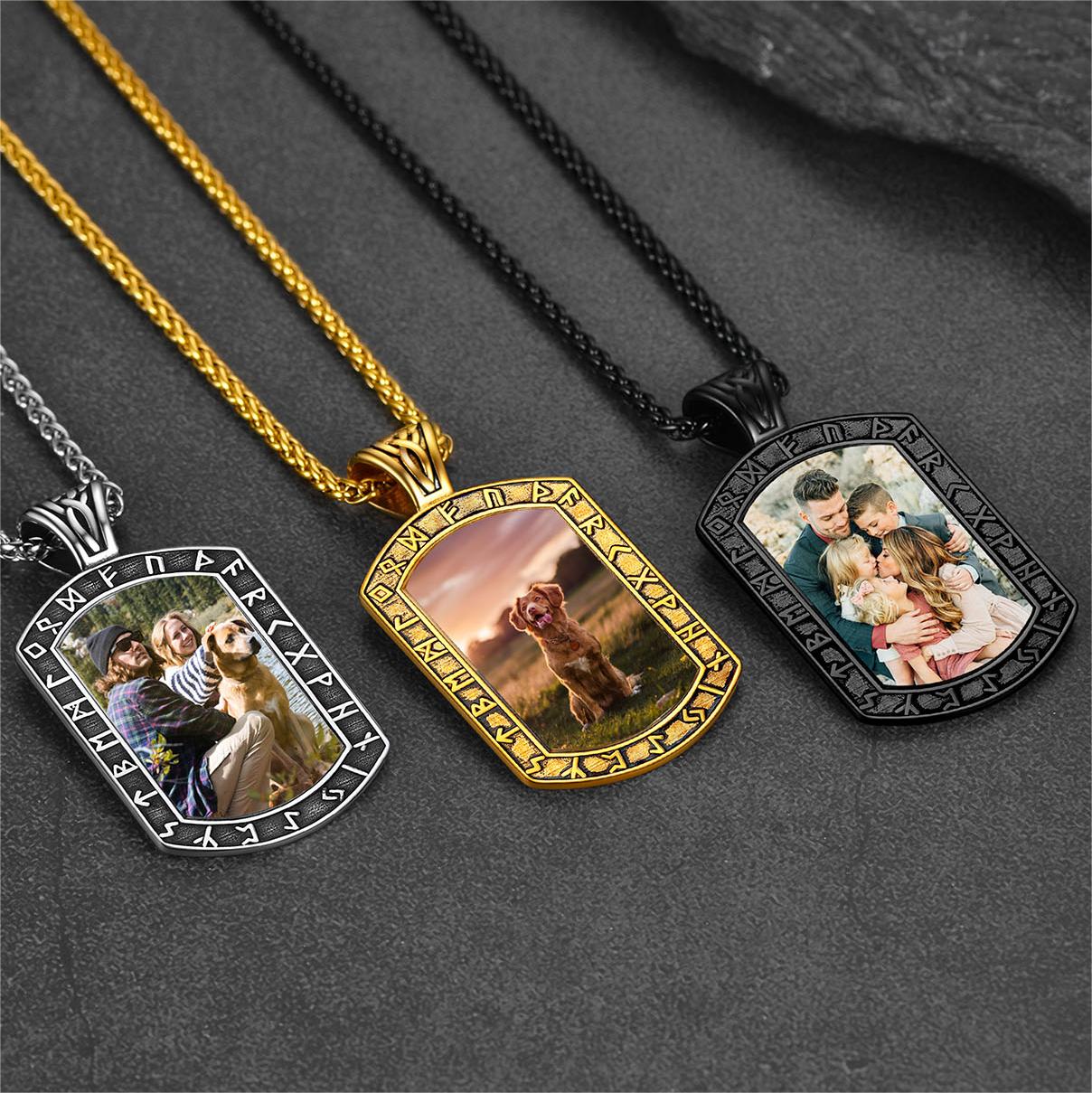 Personalized Picture Dog Tag Necklace With Viking Runes for