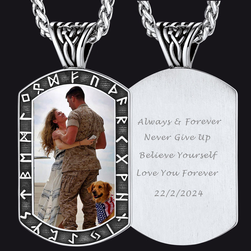 Personalized Picture Dog Tag Necklace With Viking Runes for