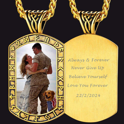 Personalized Picture Dog Tag Necklace With Viking Runes for