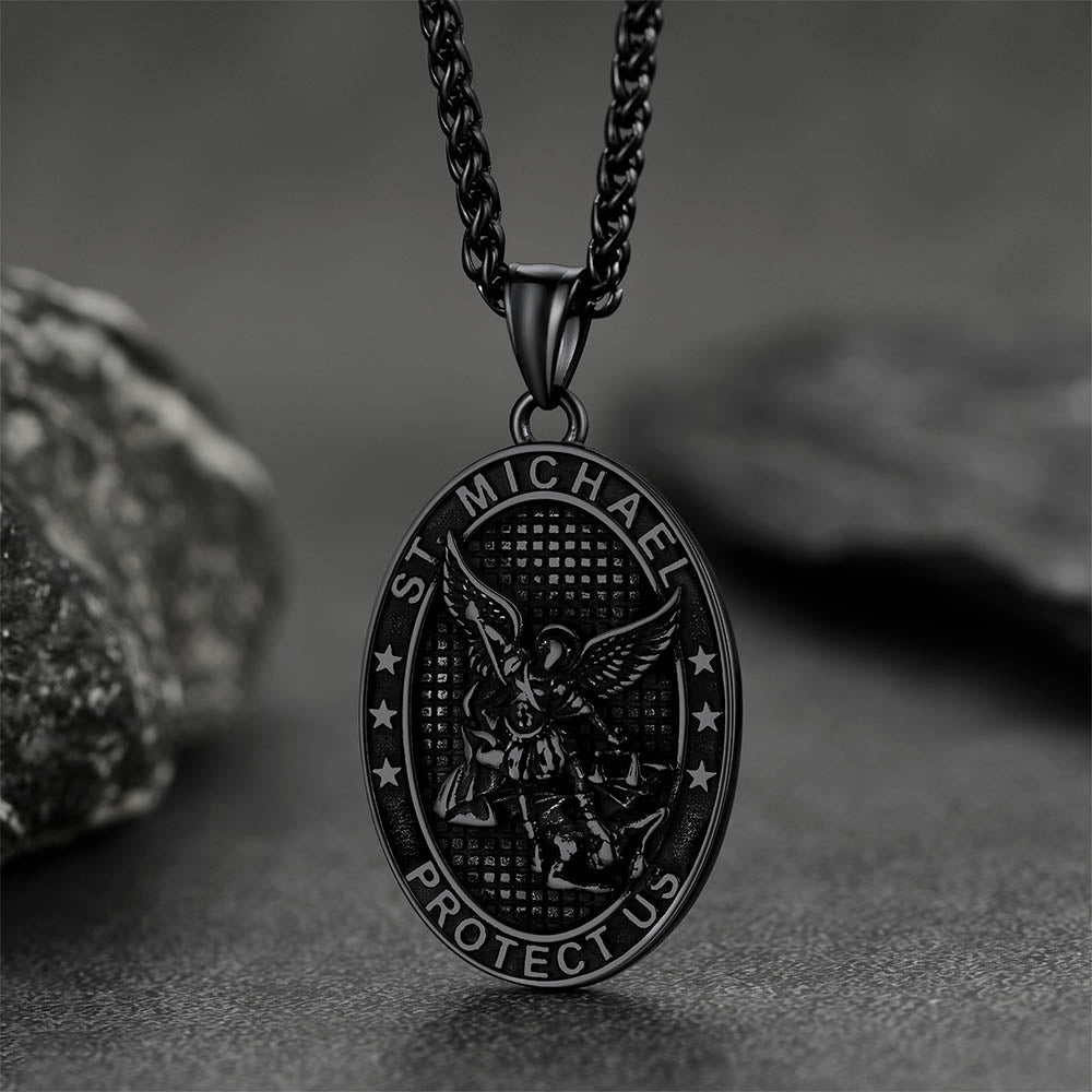 Flat Box Chain & St. Michael Layered Necklaces Set for