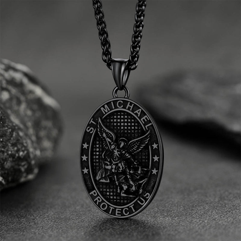 Flat Box Chain & St. Michael Layered Necklaces Set for