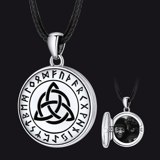 Custom Celtic Knot Photo Locket Necklace With Leather Chain for