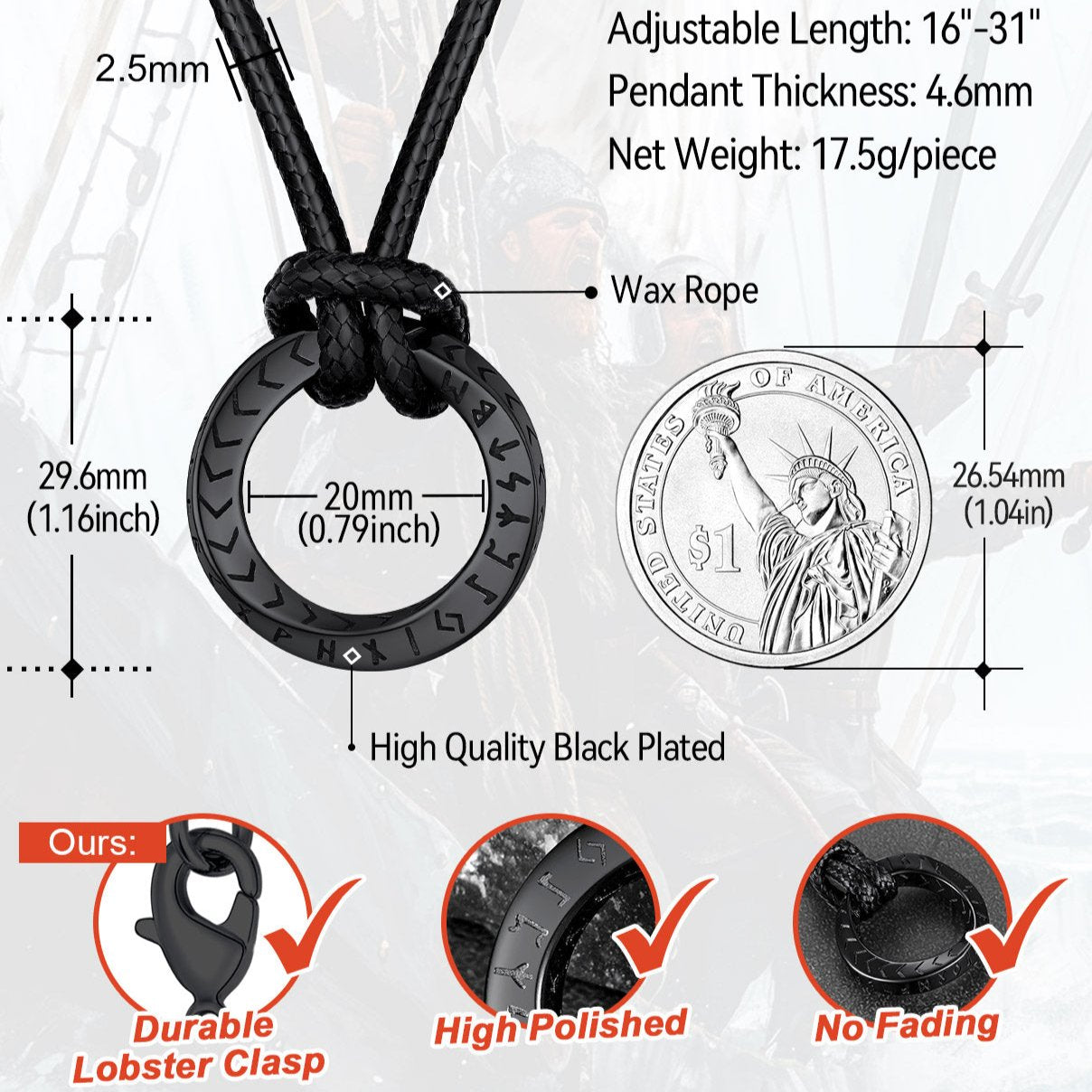 Viking Mobius Circle Leather Necklace Adjustable Leather Chain for