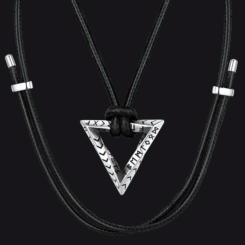 Viking Rune Mobius Triangle Pendant Necklace With Leather Chain