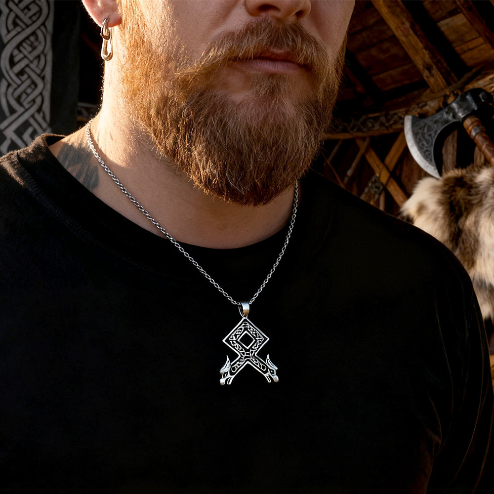 Viking Othala Rune Wolf Heads Pendant Necklace for
