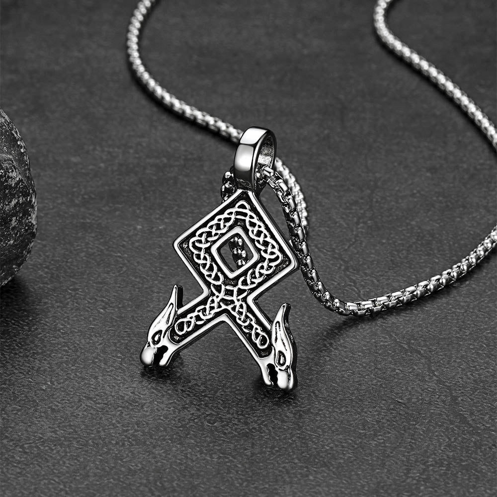 Viking Othala Rune Wolf Heads Pendant Necklace for
