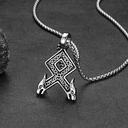 Viking Othala Rune Wolf Heads Pendant Necklace for