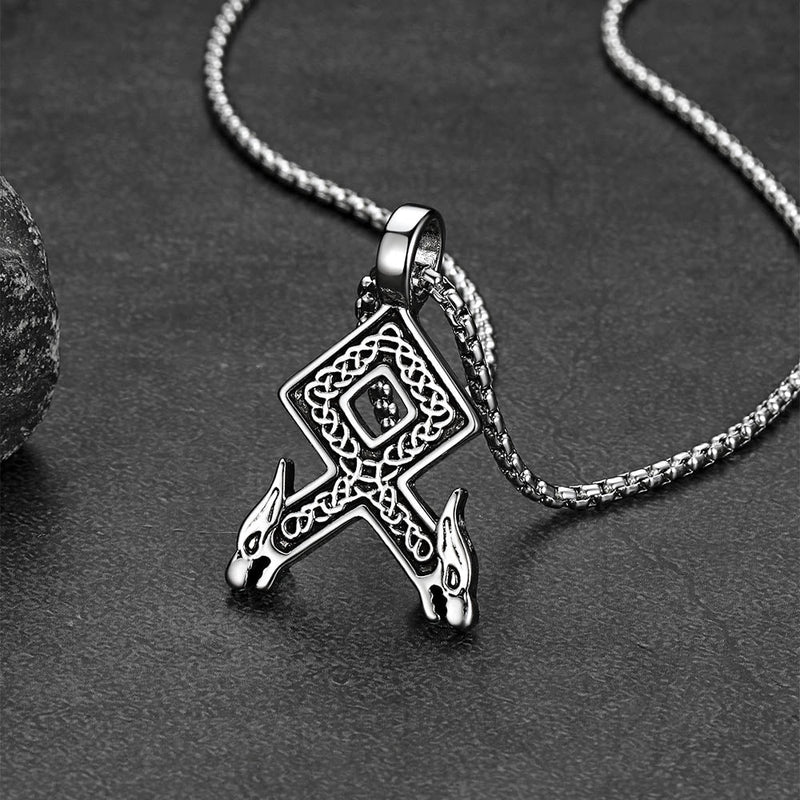 Viking Othala Rune Wolf Heads Pendant Necklace for